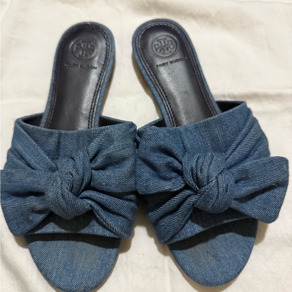 Tory Burch Blue Denim Bow Mules